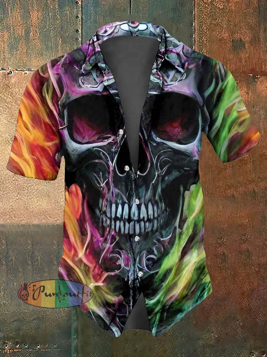 Men’s Abstract Psychedelic Skull Print Casual Short Sleeved Shirt Multicolour / S