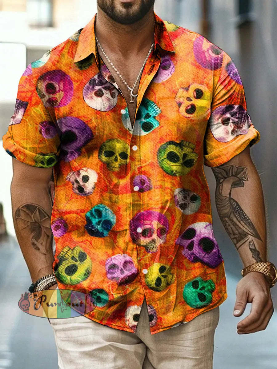 Men’s Abstract Psychedelic Skull Print Casual Short Sleeved Shirt Orange / S