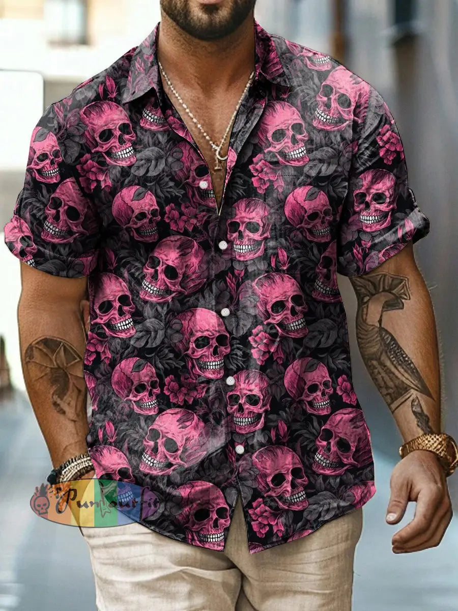Men’s Abstract Psychedelic Skull Print Casual Short Sleeved Shirt Pink / S