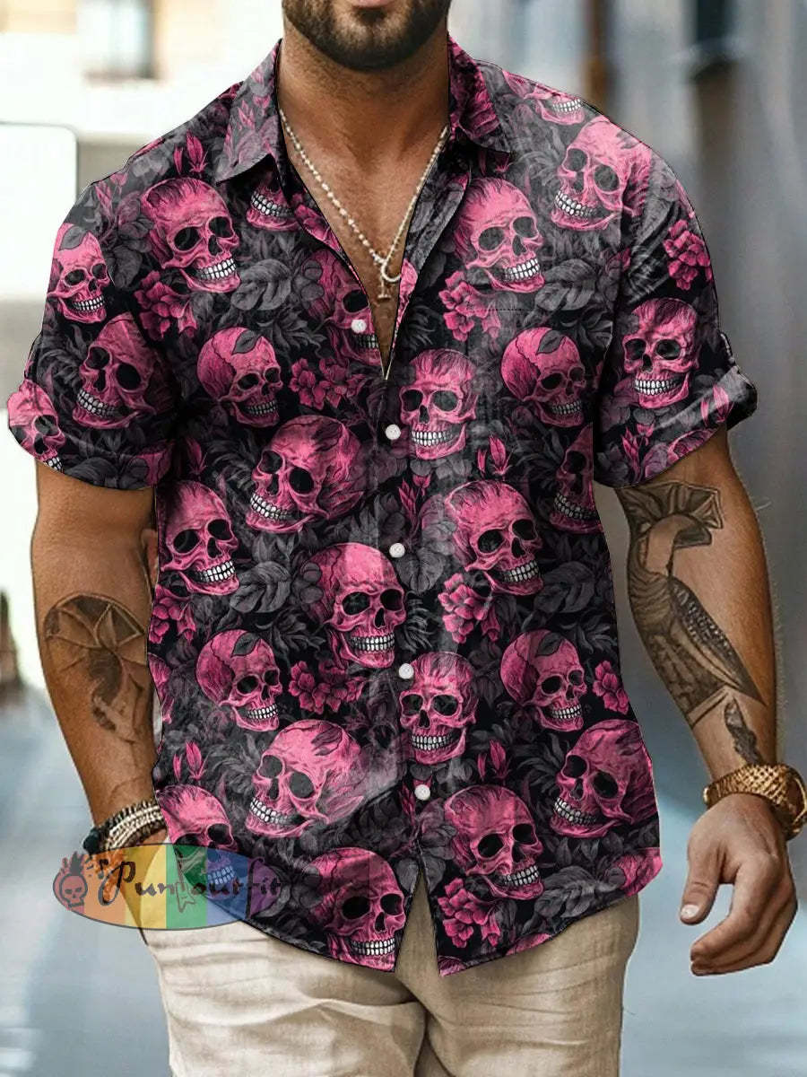 Men’s Abstract Psychedelic Skull Print Casual Short Sleeved Shirt Pink / S