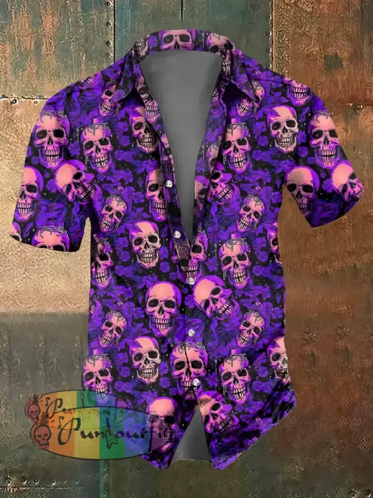 Men’s Abstract Psychedelic Skull Print Casual Short Sleeved Shirt Purple / S