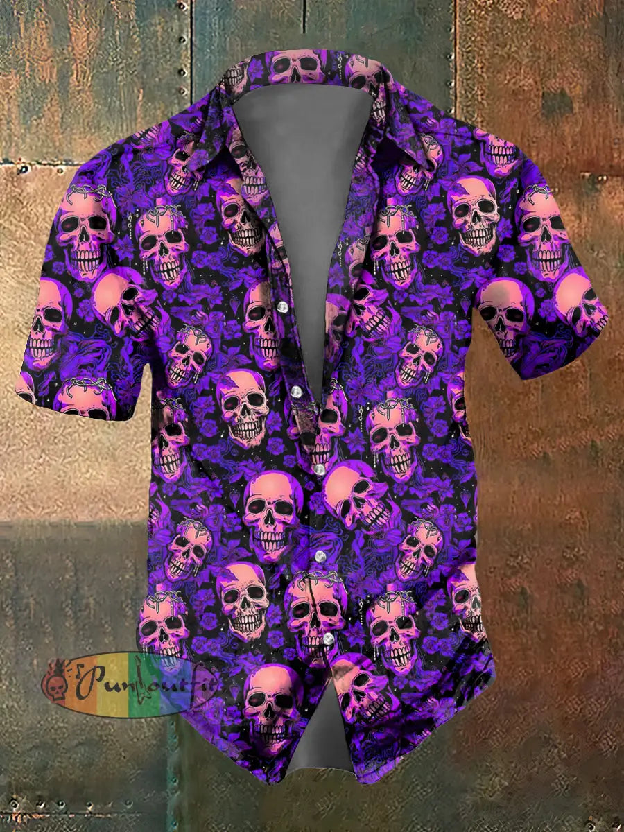 Men’s Abstract Psychedelic Skull Print Casual Short Sleeved Shirt Purple / S