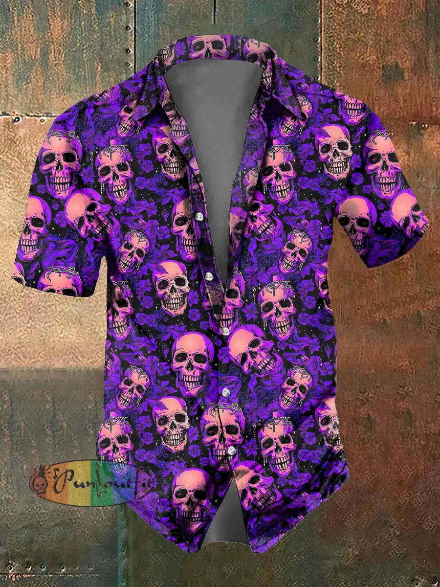 Men’s Abstract Psychedelic Skull Print Casual Short Sleeved Shirt Purple / S