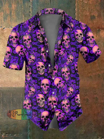Men’s Abstract Psychedelic Skull Print Casual Short Sleeved Shirt Purple / S