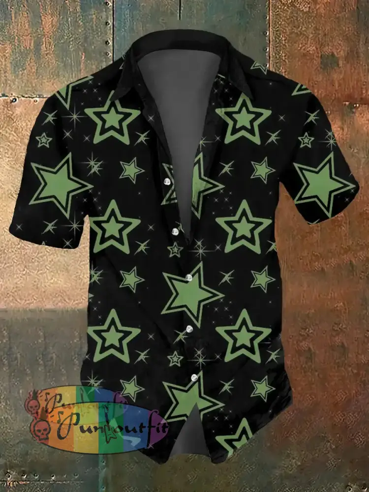 Men’s Abstract Psychedelic Star Print Casual Short Sleeved Shirt Black-Green / S