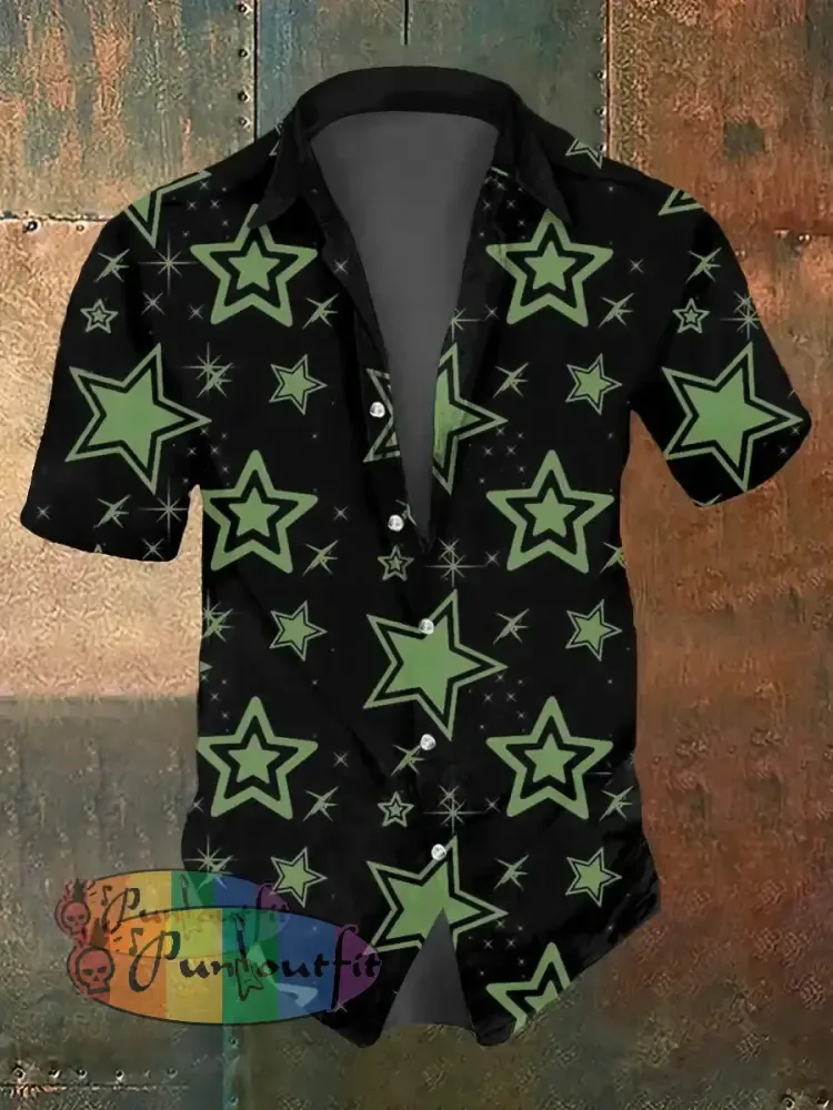 Men’s Abstract Psychedelic Star Print Casual Short Sleeved Shirt Black-Green / S