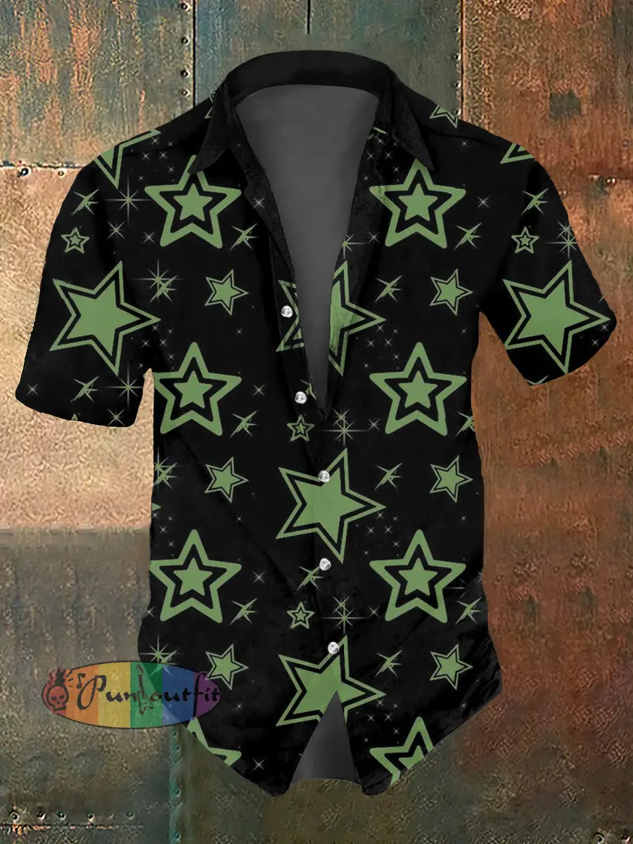 Men’s Abstract Psychedelic Star Print Casual Short Sleeved Shirt Black-Green / S