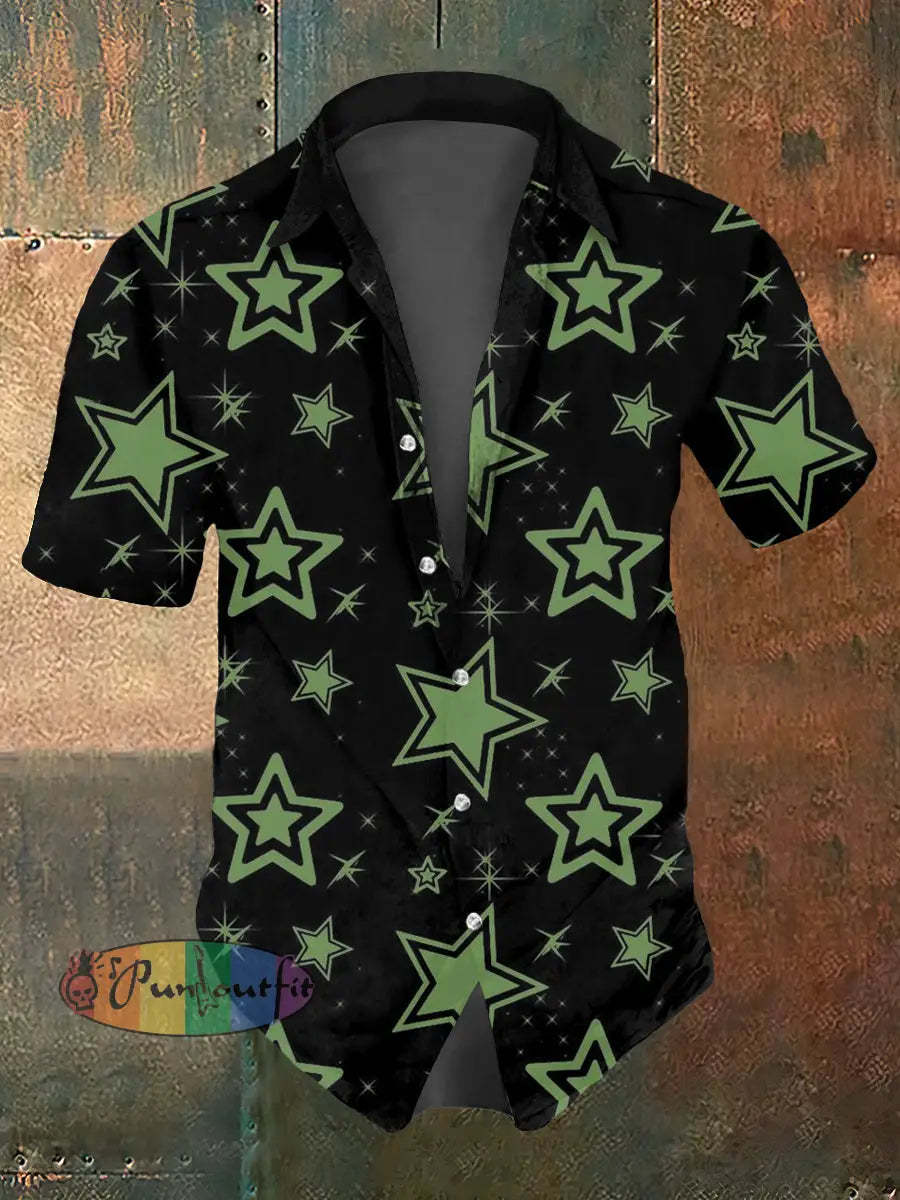 Men’s Abstract Psychedelic Star Print Casual Short Sleeved Shirt Black-Green / S