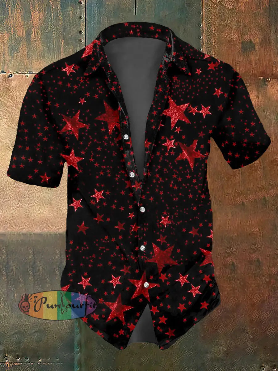 Men’s Abstract Psychedelic Star Print Casual Short Sleeved Shirt Black / S