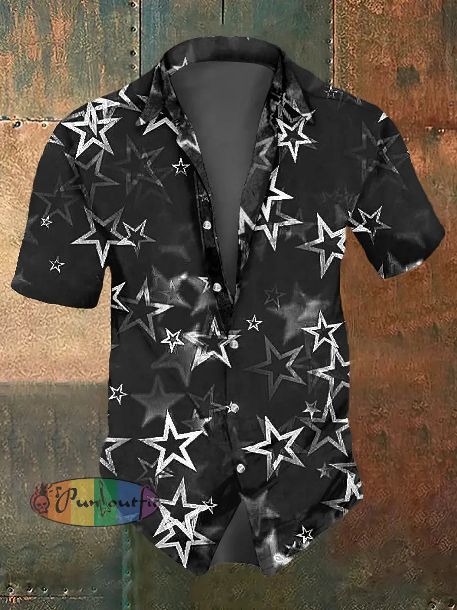 Men’s Abstract Psychedelic Star Print Casual Short Sleeved Shirt Black / S
