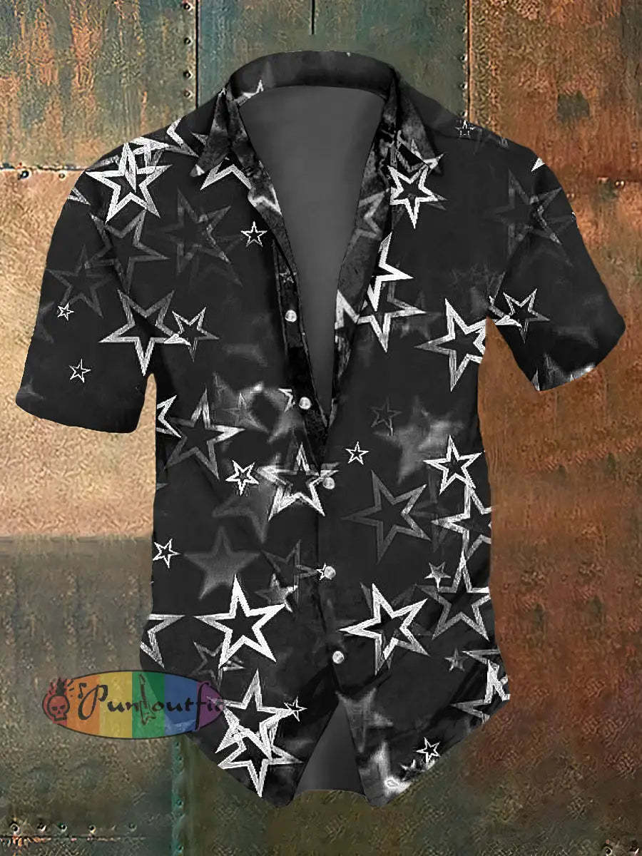 Men’s Abstract Psychedelic Star Print Casual Short Sleeved Shirt Black / S
