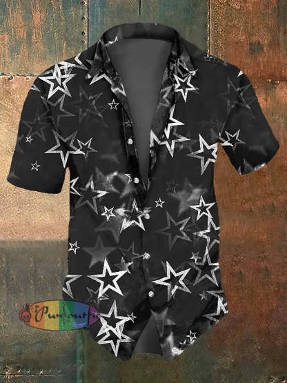 Men’s Abstract Psychedelic Star Print Casual Short Sleeved Shirt Black / S