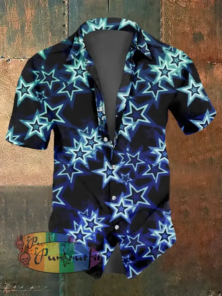 Men’s Abstract Psychedelic Star Print Casual Short Sleeved Shirt Blue / S