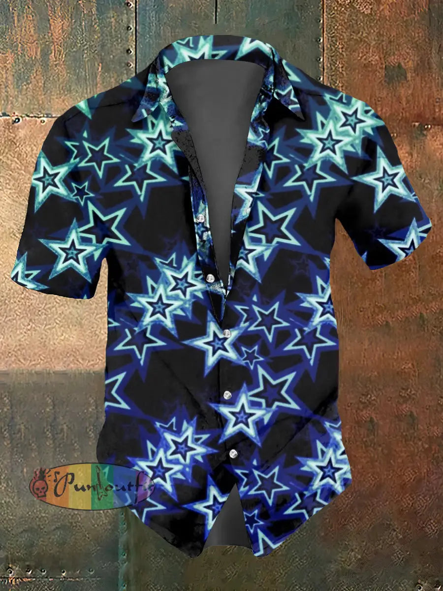 Men’s Abstract Psychedelic Star Print Casual Short Sleeved Shirt Blue / S