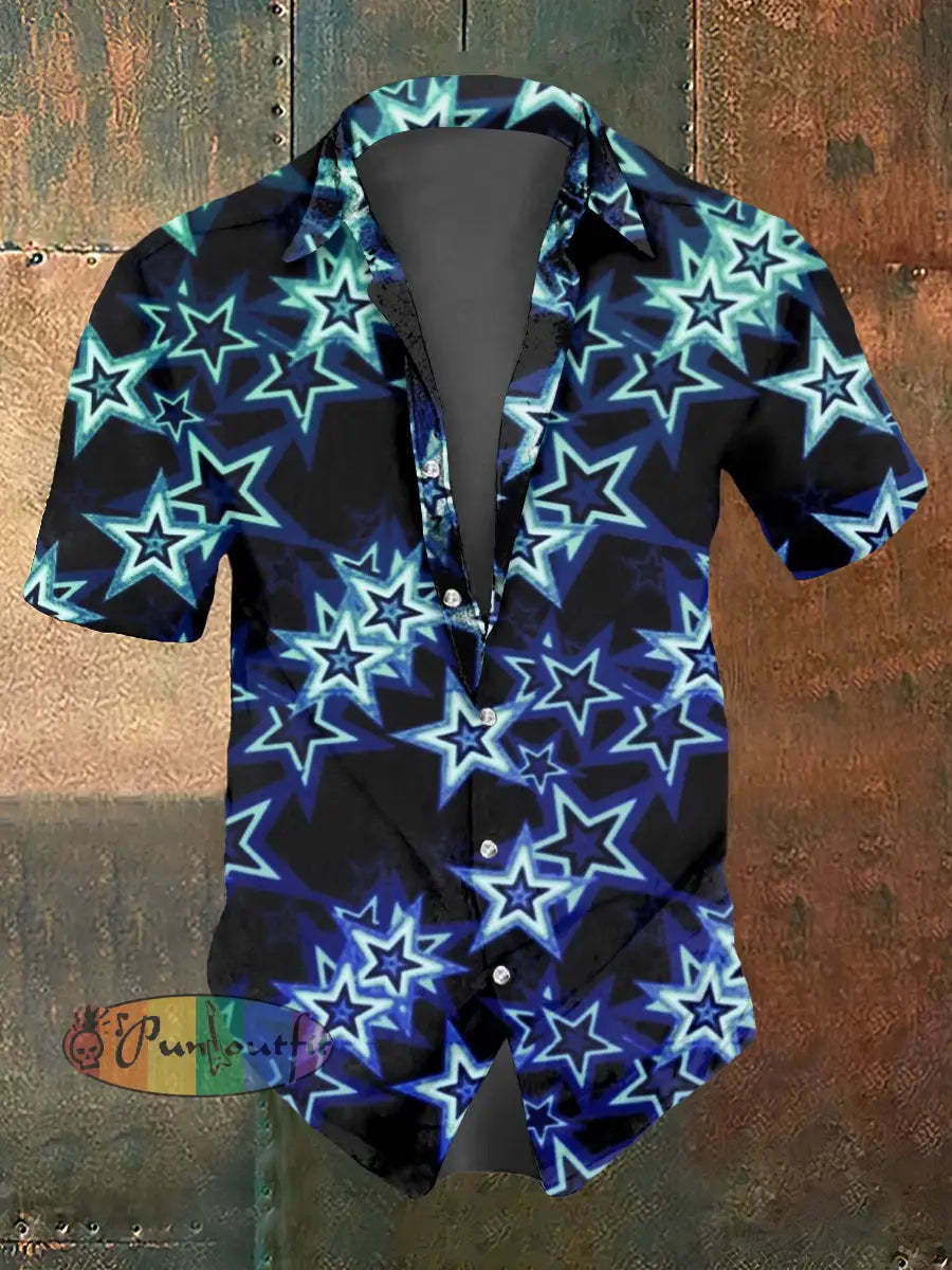 Men’s Abstract Psychedelic Star Print Casual Short Sleeved Shirt Blue / S