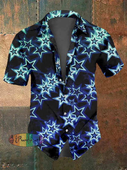 Men’s Abstract Psychedelic Star Print Casual Short Sleeved Shirt Blue / S