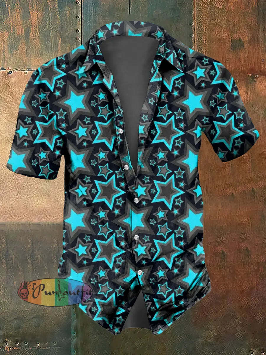 Men’s Abstract Psychedelic Star Print Casual Short Sleeved Shirt Blue / S