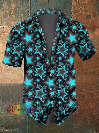 Men’s Abstract Psychedelic Star Print Casual Short Sleeved Shirt Blue / S