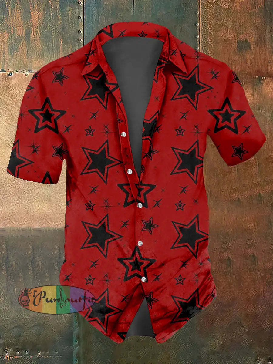 Men’s Abstract Psychedelic Star Print Casual Short Sleeved Shirt Red / S