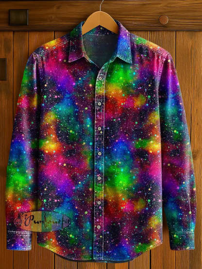 Men’s Abstract Psychedelic Starlit Sky Print Casual Long Sleeved Shirt Multicolour / S