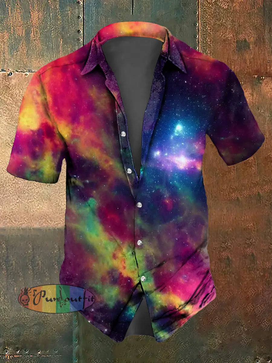 Men’s Abstract Psychedelic Starry Sky Print Casual Short Sleeved Shirt Multicolour / S
