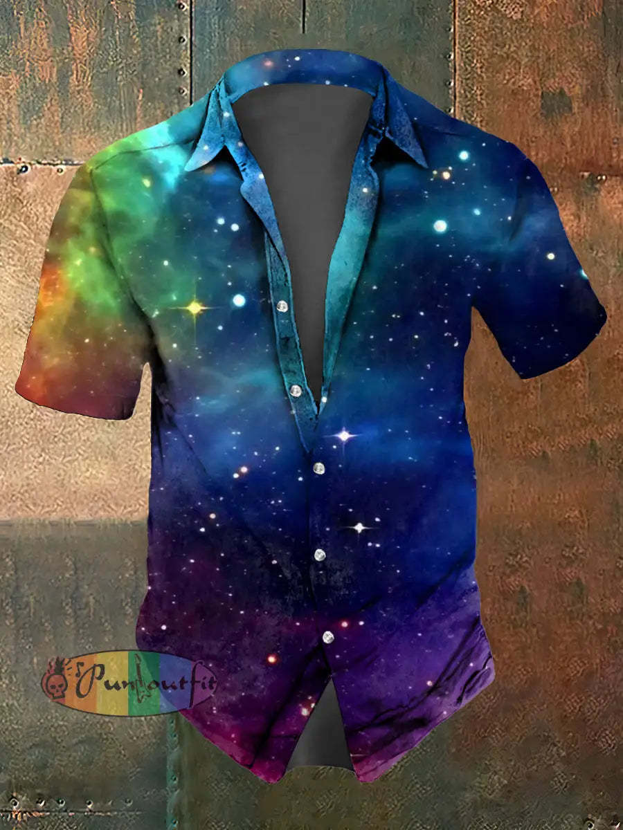Men’s Abstract Psychedelic Starry Sky Print Casual Short Sleeved Shirt Multicolour / S