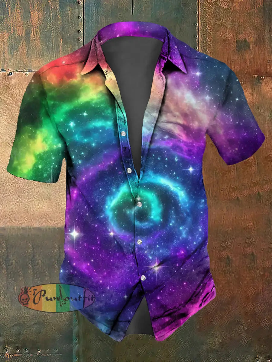 Men’s Abstract Psychedelic Starry Sky Print Casual Short Sleeved Shirt Multicolour / S
