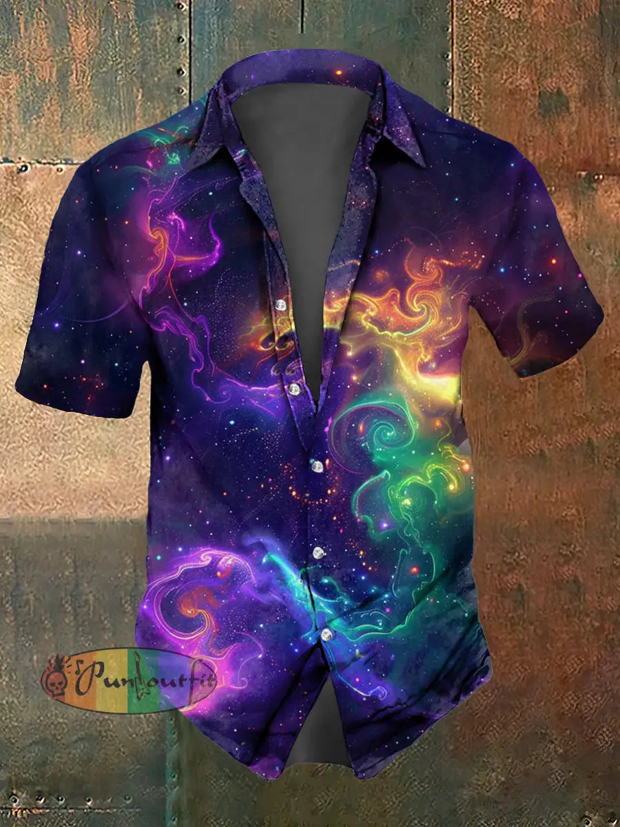 Men’s Abstract Psychedelic Starry Sky Print Casual Short Sleeved Shirt Multicolour / S