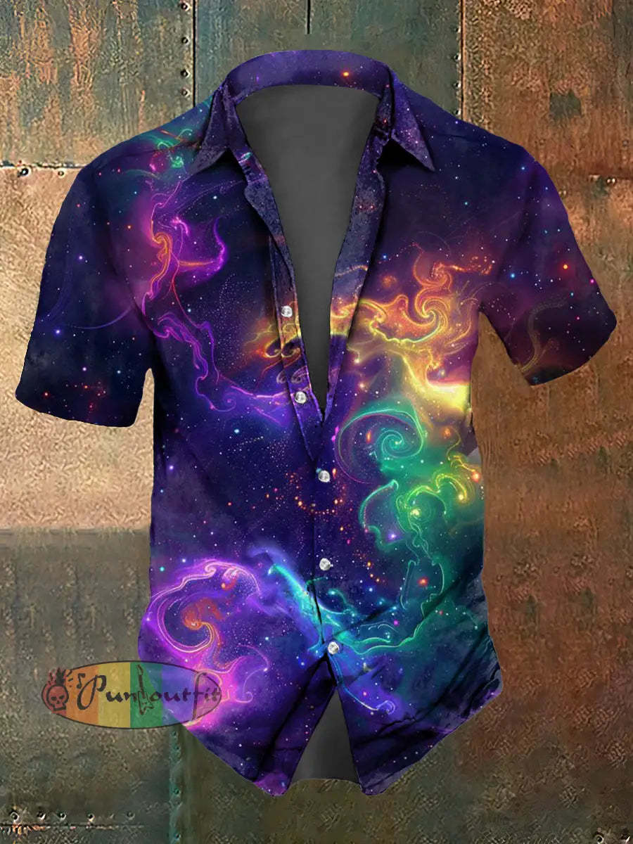 Men’s Abstract Psychedelic Starry Sky Print Casual Short Sleeved Shirt Multicolour / S