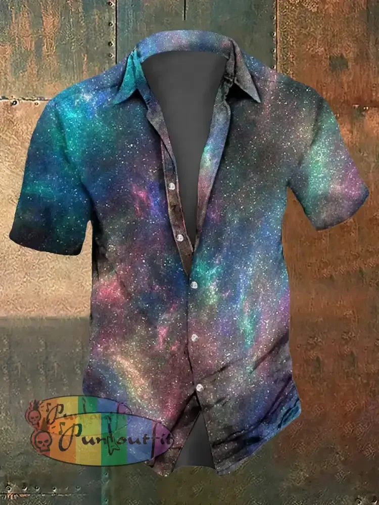 Men’s Abstract Psychedelic Starry Sky Print Casual Short Sleeved Shirt Multicolour / S
