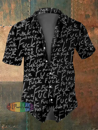 Men’s Abstract Psychedelic Text Print Casual Short Sleeved Shirt Black / S