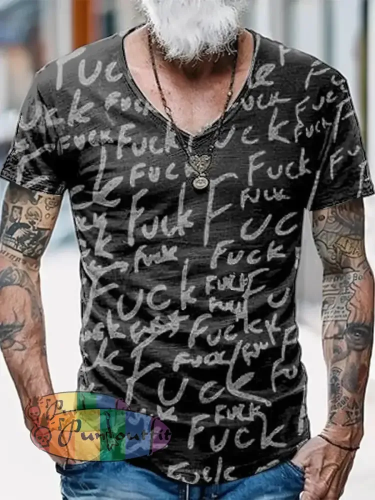 Funny Fuck Printed Vintage Fashion Loose V-Neck Short Sleeve T-Shirt Black / S