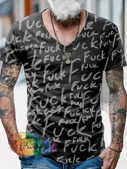 Funny Fuck Printed Vintage Fashion Loose V-Neck Short Sleeve T-Shirt Black / S