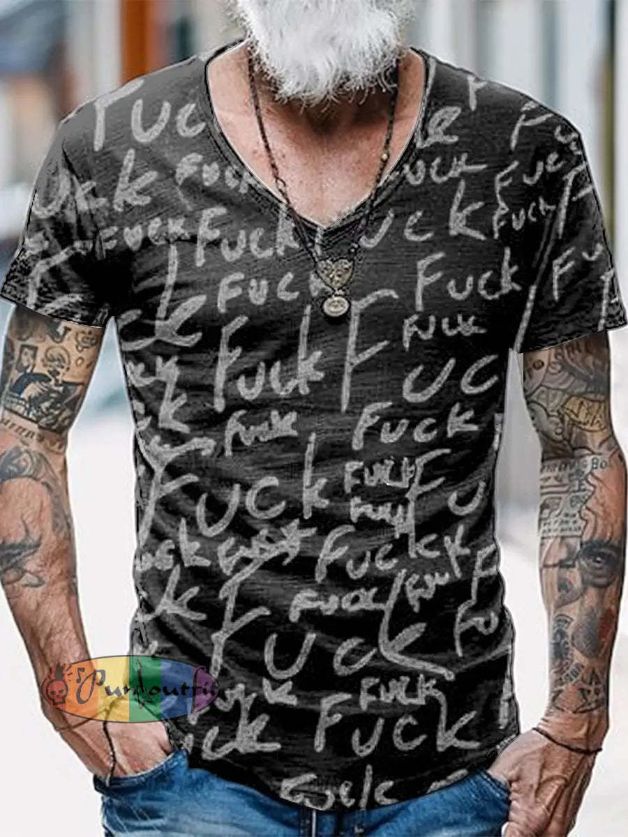 Funny Fuck Printed Vintage Fashion Loose V-Neck Short Sleeve T-Shirt Black / S