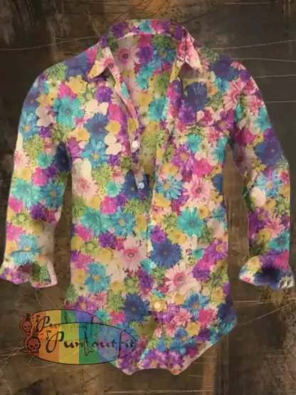 Men’s Bohemian Flowers Style Print Casual Shirt Long Sleeve Colorful / S