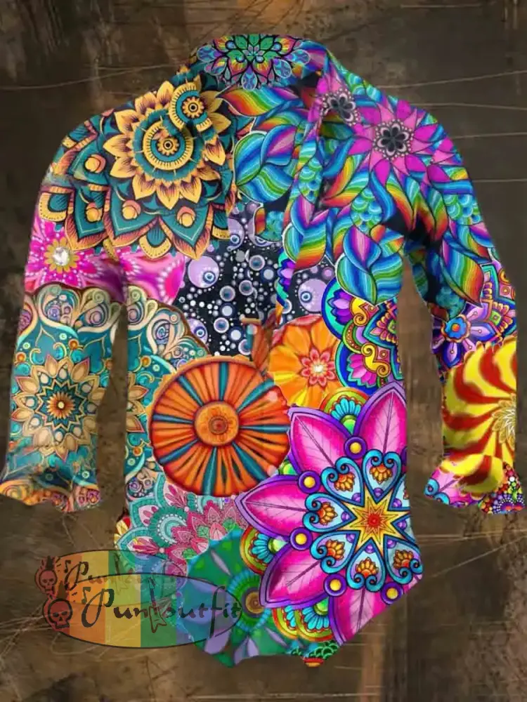 Men’s Bohemian Hippie Kaleidoscope Print Casual Shirt Long Sleeve Colorful / S