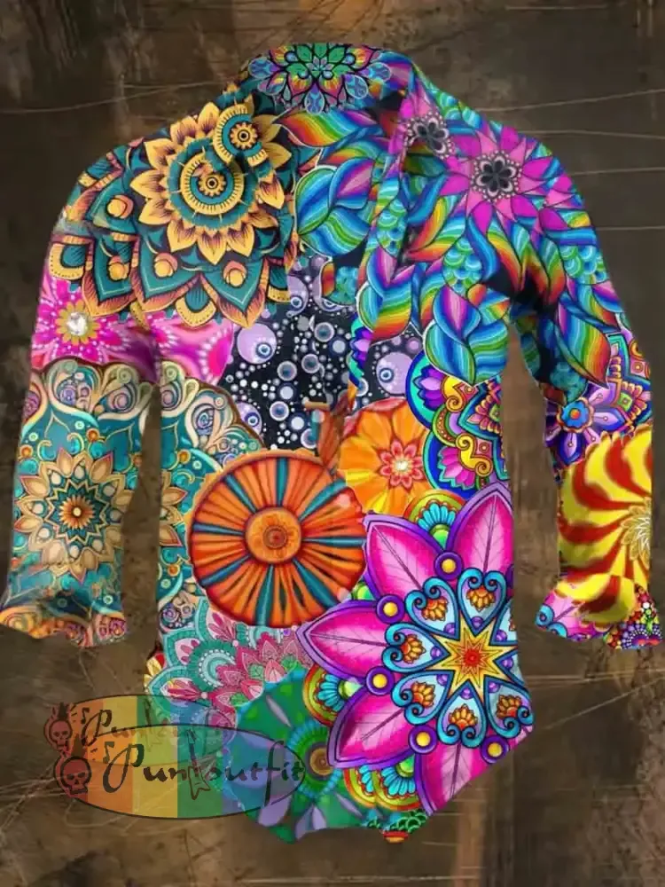 Men’s Bohemian Hippie Kaleidoscope Print Casual Shirt Long Sleeve Colorful / S