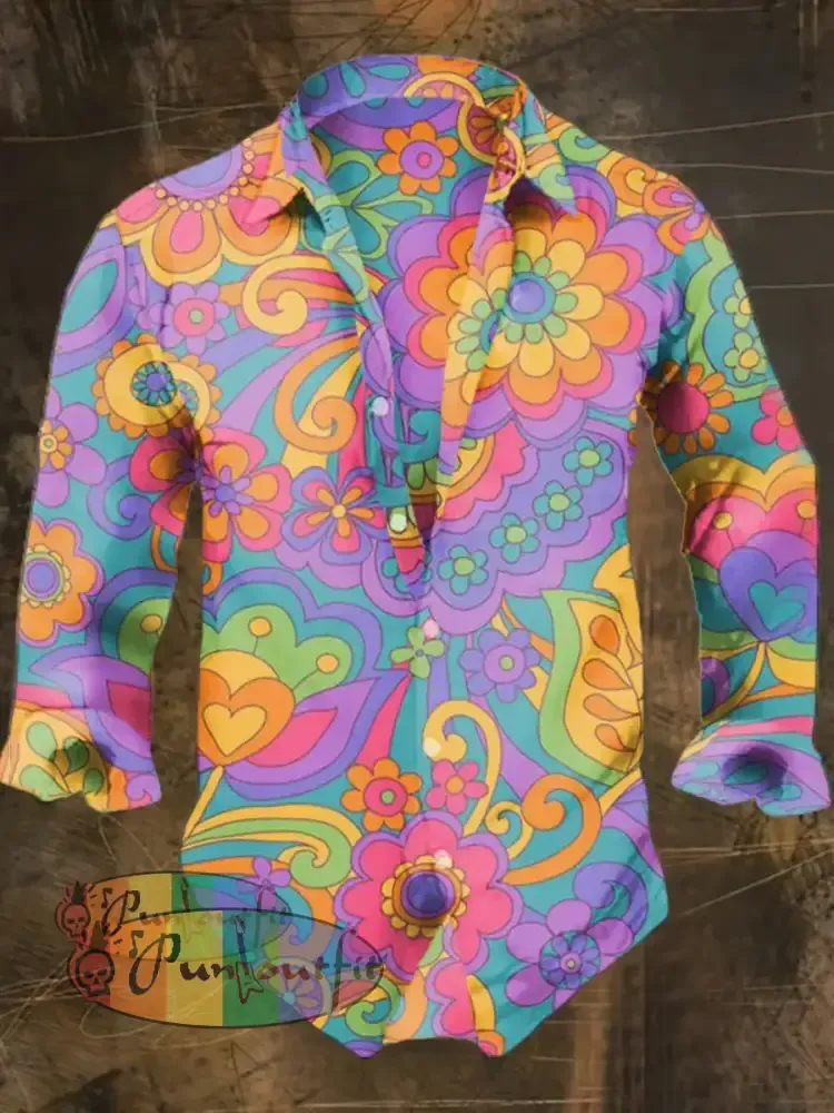 Men’s Bohemian Street Style Print Casual Shirt Long Sleeve Colorful / S