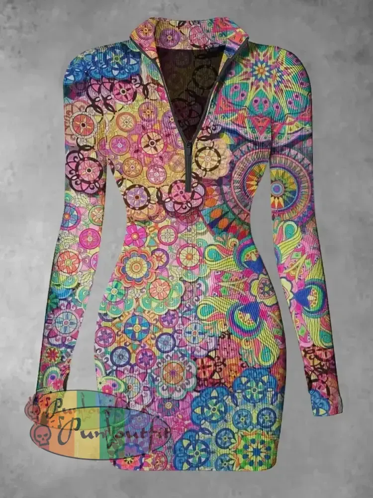 Men’s Bohemian Street Style Print Casual Shirt Long Sleeve Dress / S