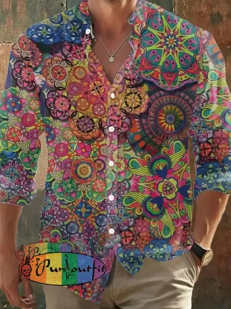 Men’s Bohemian Street Style Print Long Sleeve Shirt Colorful / S