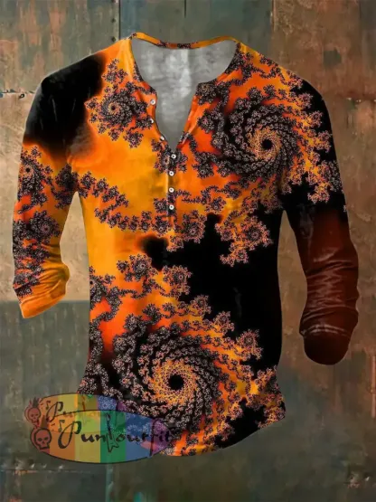 Men’s Casual Vintage Abstract Print Button Down Long Sleeve Henley Shirt Yellow / S