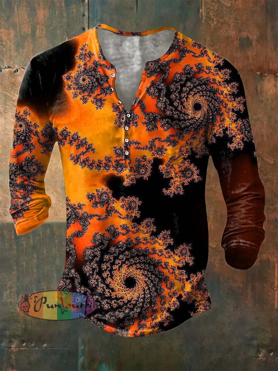 Men’s Casual Vintage Abstract Print Button Down Long Sleeve Henley Shirt Yellow / S