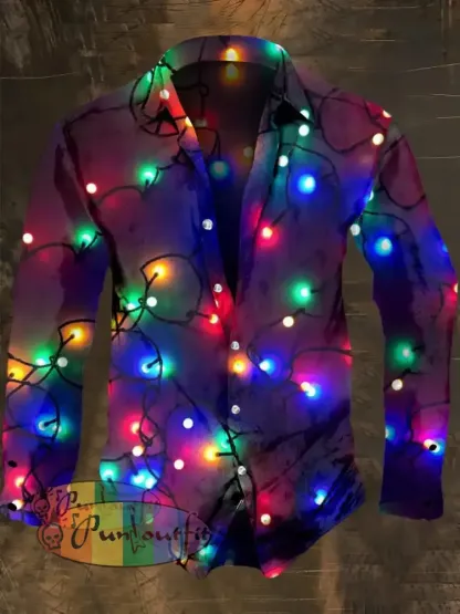 Men’s Christmas Lighting Print Long Sleeve Shirt Colorful / S