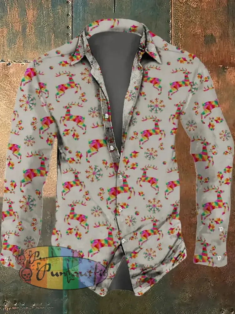 Men’s Christmas Retro Colorful Elk Printed Casual Fashion Collar Long Sleeve Shirt Creamy-White / S