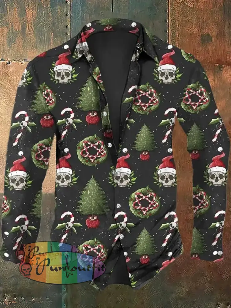 Men’s Christmas Skull Print Casual Long Sleeve Shirt As Picture / S