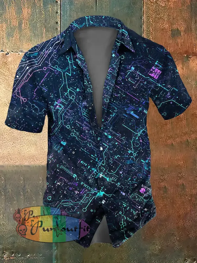 Men’s Circuit Print Casual Short Sleeved Shirt Navy Blue / S