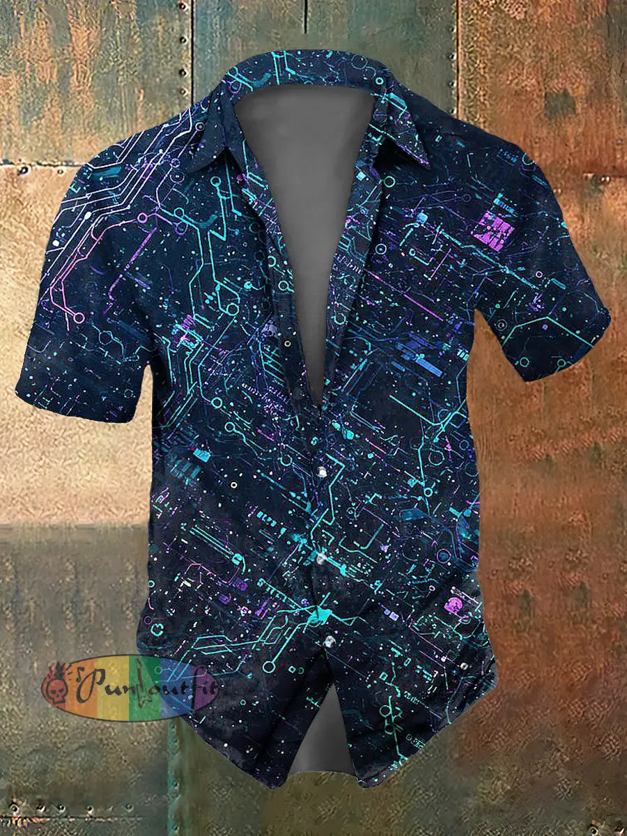 Men’s Circuit Print Casual Short Sleeved Shirt Navy Blue / S
