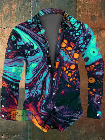 Men’s Color Abstract Print Polo Collar Casual Long Sleeved Shirt Colorful / S