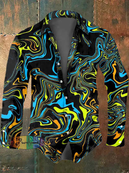 Men’s Color Abstract Print Polo Collar Casual Long Sleeved Shirt Colorful / S