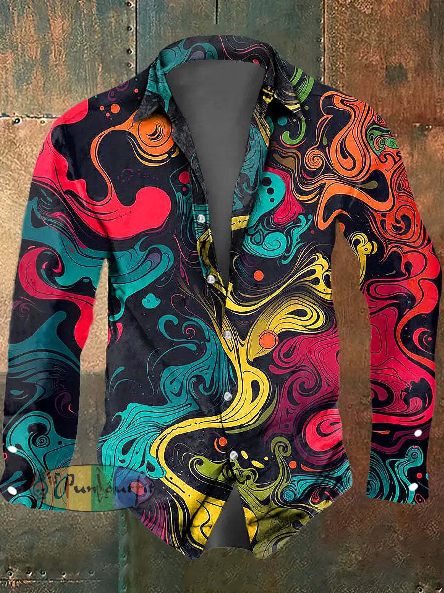 Men’s Color Abstract Print Polo Collar Casual Long Sleeved Shirt Colorful / S